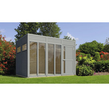 Cabină de grădină cu fața de sticlă și ușă laterală într-un mediu verde