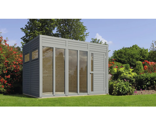 Căsuță de grădină Bertilo Cubo 3 Office cu podea 336x240 cm gri deschis Cabină de grădină cu fața de sticlă și ușă laterală într-un mediu verde