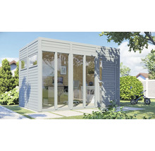 Cabină de grădină modernă cu fațadă de sticlă și mobilier de birou în grădină.