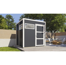 Cabină de grădină modernă cu fereastră și ușă pe o terasă