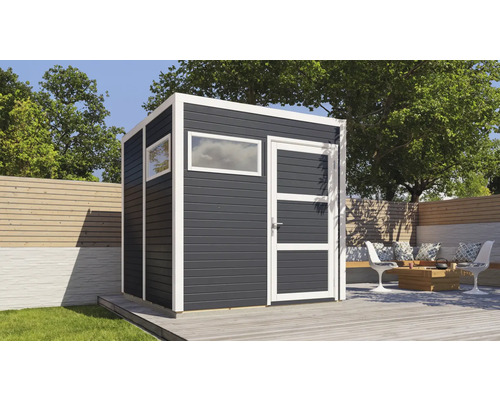 Cabină de grădină modernă cu fereastră și ușă pe o terasă