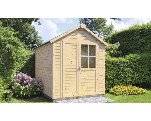 Cabină de grădină din lemn cu ușă dublă și fereastră în grădină