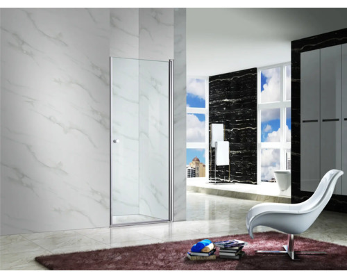 Baie modernă cu cabină de duș din sticlă și cadru de oțel