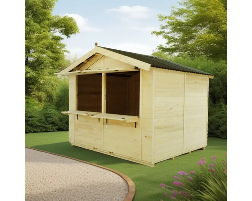 Chioșc de grădină din lemn cu tejghea rabatabilă în fața grădinii