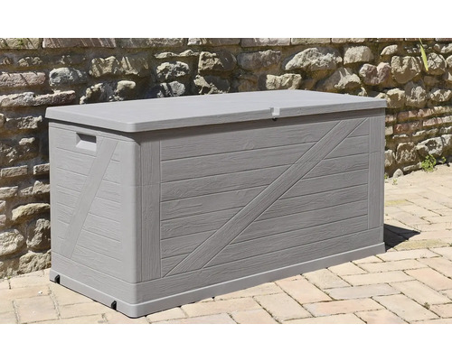 Ladă de grădină gri cu aspect de lemn și capac pentru depozitare în exterior