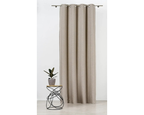 Draperie opacă cu inele, cu o plantă pe o măsuță laterală