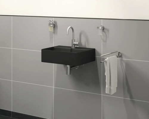 Chiuvetă de baie cu robinet, dozator de săpun și suport pentru prosoape