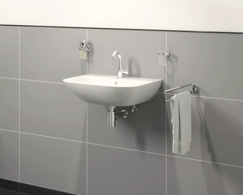 Baie cu lavoar, robinet, suport pentru prosop, dispenser de săpun și suport pentru pahar