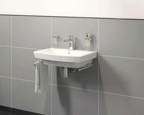 Chiuvetă suspendată cu robinet, dozator de săpun, suport pentru pahar și prosop