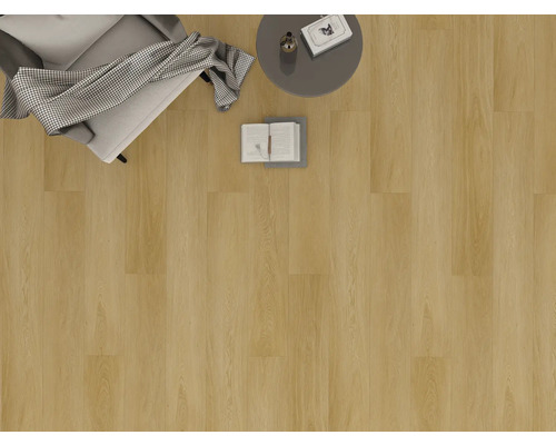 Vedere a unei camere cu podea laminată, fotoliu și masă