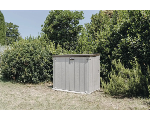 Dulap de grădină din plastic, în exterior, în fața plantelor verzi