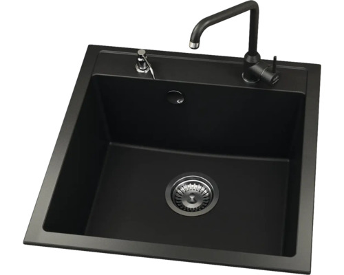 Chiuvetă neagră cu robinet și dozator de săpun pentru bucătărie