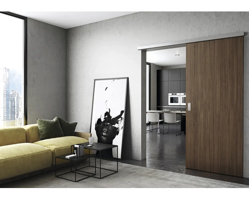 Cameră de zi cu ușă glisantă, canapea și vedere spre bucătărie