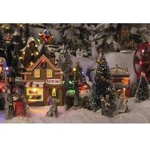 Scenă de sat de Crăciun cu librărie, teatru, figurine și copaci