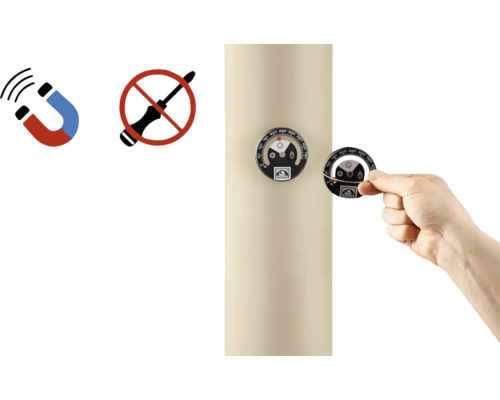 Simbol magnetic. Fără simbol de șurubelniță. Țeavă de evacuare cu termometru atașată manual.