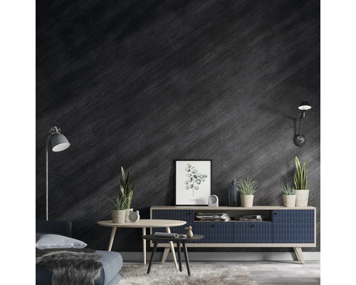 Living modern cu perete întunecat, comodă, canapea și plante.