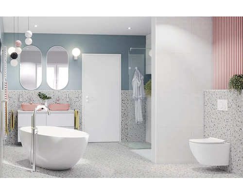 Baie modernă cu cadă independentă, dulap de lavoar cu două lavoare și toaletă suspendată