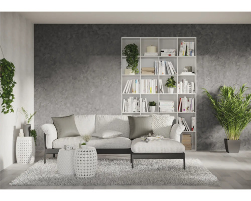 Cameră de zi cu canapea, bibliotecă și plante de interior