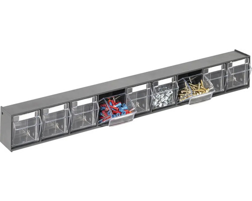 Raft pentru șuruburi cu opt compartimente transparente pentru șuruburi, dibluri și alte piese mici.