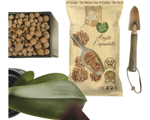 Argilă expandată în ghiveci, un pachet de argilă expandată și o lopată de grădinărit