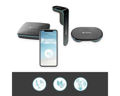 Sistem inteligent Gardena cu senzor, gateway și smartphone pentru gestionarea grădinii