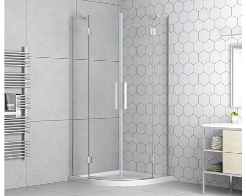 Cabină de duș pe colț cu ușă pivotantă din sticlă în baie