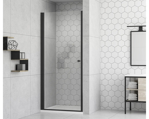 Baie cu cabină de duș din sticlă și cadru negru