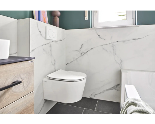 Baie modernă cu toaletă suspendată, lavoar și placare de perete din marmură