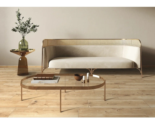 Scenă de living cu canapea, măsuță de cafea și măsuță laterală