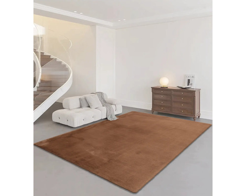 Cameră de zi cu covor maro, canapea și comodă