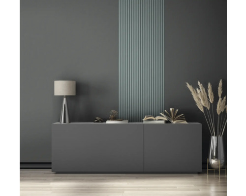 Living cu bufet, lampă, decorațiuni și panouri verticale de perete