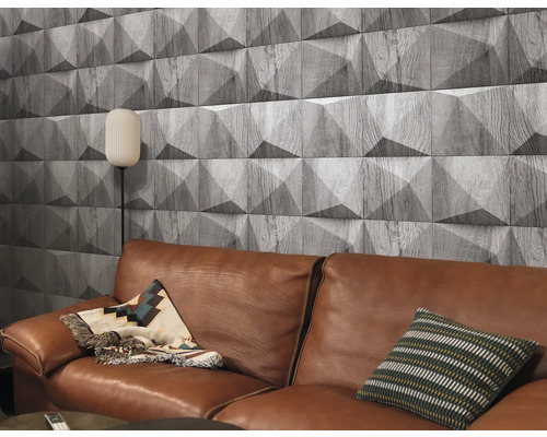 Cameră de zi cu canapea din piele maro și panouri de perete cu aspect de lemn cu design tridimensional