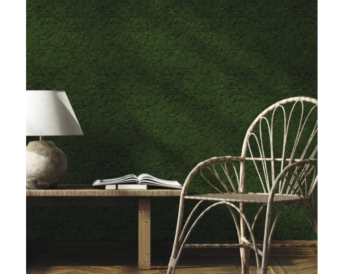 Interior decorativ cu perete de mușchi, masă, lampă, carte și scaun