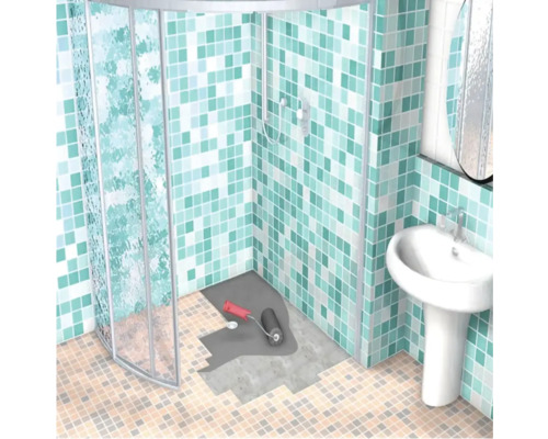 Baie cu cabină de duș, chiuvetă și lucrări de șapă pe podea