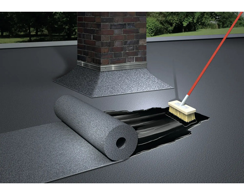 Scenă cu acoperiș, rolă și mătură lângă un coș de fum.