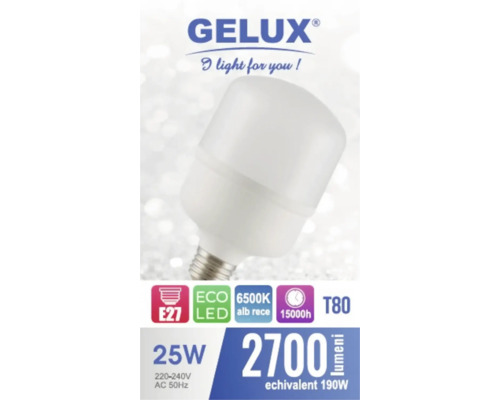 Bec LED Gelux cu soclu E27, 25 wați, 2700 lumeni și lumină albă rece