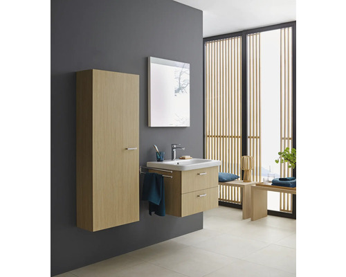 Baie cu lavoar, dulap cu oglindă și dulap înalt cu aspect de lemn