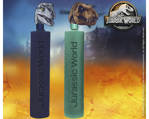 Două sticle de apă Jurassic World cu cap de dinozaur