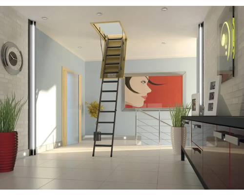 Interior cu scară de mansardă și design interior modern