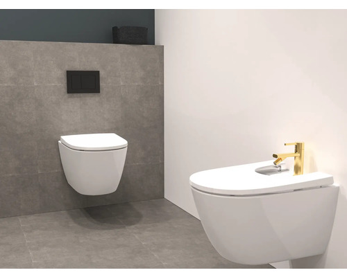 Baie modernă cu toaletă suspendată cu spălare profundă și bideu cu robinet