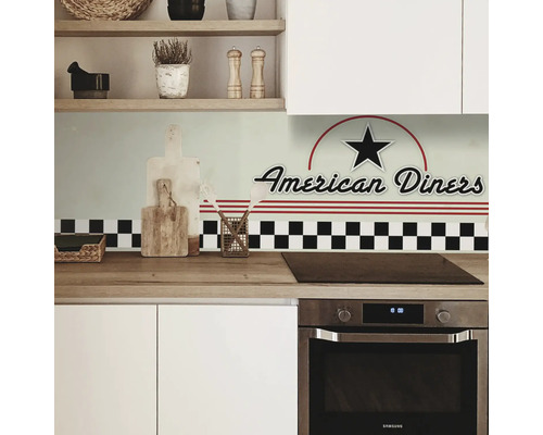 Scenă de bucătărie cu motiv American Diners, model de tablă de șah și ustensile de bucătărie