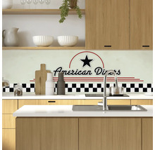 Scenă de bucătărie cu chiuvetă, robinet, plită și perete posterior cu motiv de restaurant american