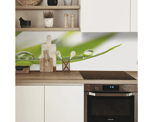 Protecție perete bucătărie cu iarbă și picături de apă într-o bucătărie modernă.