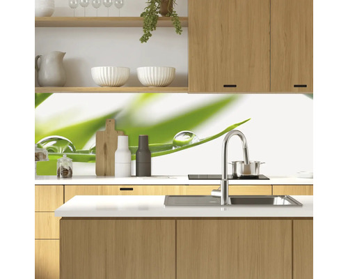 Scenă de bucătărie cu chiuvetă, robinet și protecție împotriva stropilor cu motiv vegetal