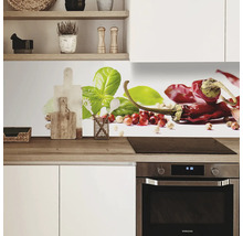 Protecție perete bucătărie cu motiv ardei iute și busuioc