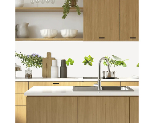 Scenă de bucătărie cu motive de plante aromatice pe perete