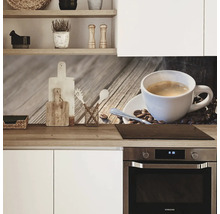 Protecție perete bucătărie cu ceașcă de cafea și motiv boabe de cafea