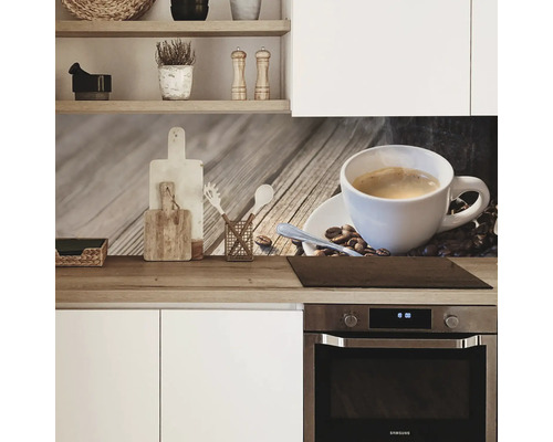 Protecție perete bucătărie cu ceașcă de cafea și motiv boabe de cafea