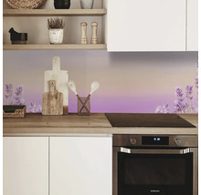 Scenă de bucătărie cu chiuvetă, aragaz și ustensile de bucătărie în fața unui fundal de bucătărie cu motiv de lavandă