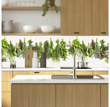 Scenă de bucătărie cu panou de perete cu motiv de plante aromatice, chiuvetă și ustensile de bucătărie